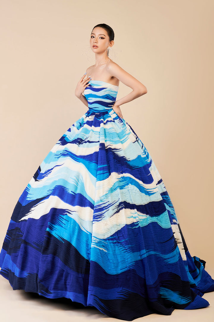 Blue and White Strapless Gown