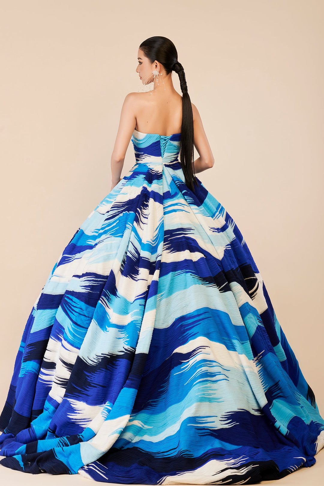 Blue and White Strapless Gown