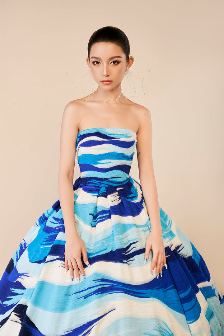 Blue and White Strapless Gown