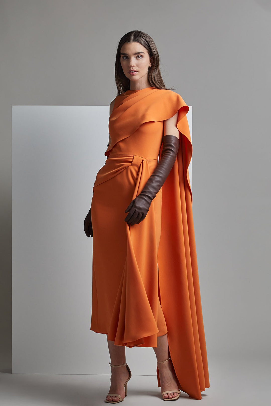 Midi crepe dress with pleats Orange / US 12 Midi crepe dress with pleats Orange / US 12
