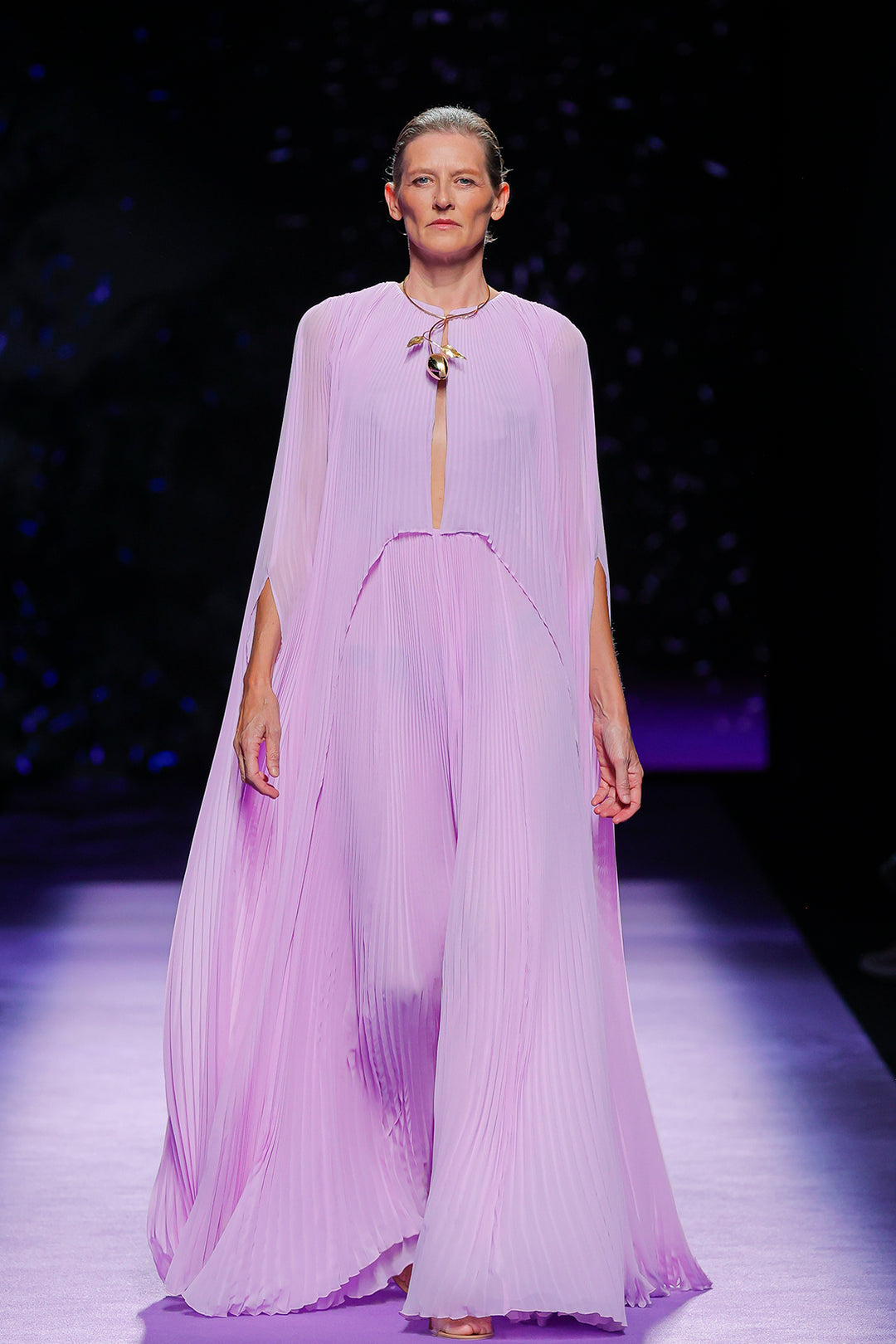 Pleated Cape Dress with Metallic Leaf Brooch Lilac / US 20 Pleated Cape Dress with Metallic Leaf Brooch Lilac / US 20