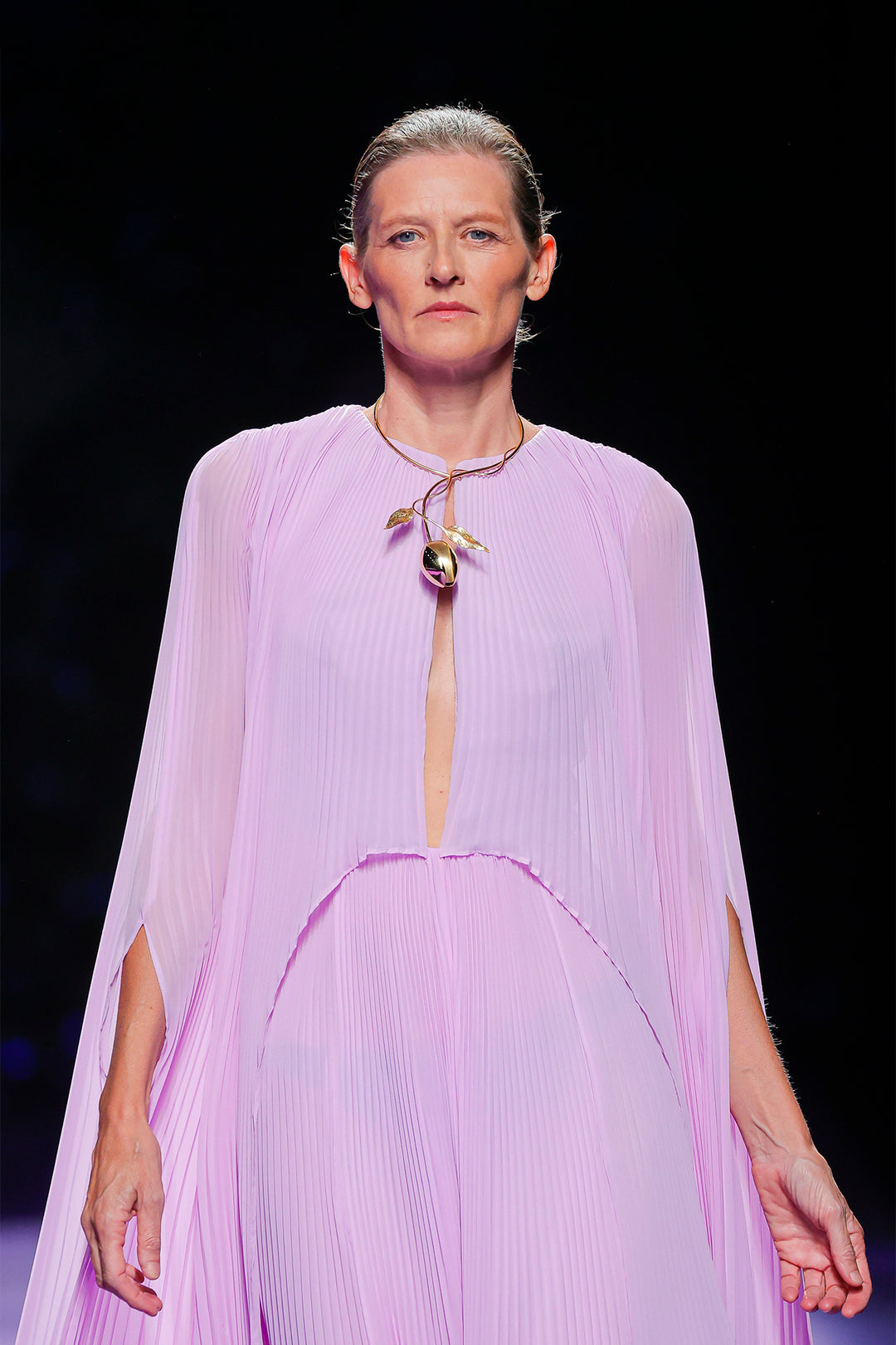 Pleated Cape Dress with Metallic Leaf Brooch Lilac / US 20 Pleated Cape Dress with Metallic Leaf Brooch Lilac / US 20