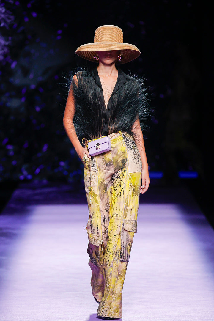 Sleeveless Jacket with Feathered Trim and Printed Flowing Trousers