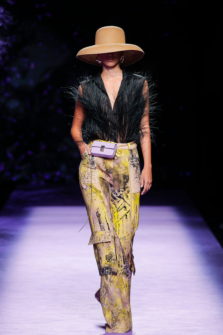 Sleeveless Jacket with Feathered Trim and Printed Flowing Trousers