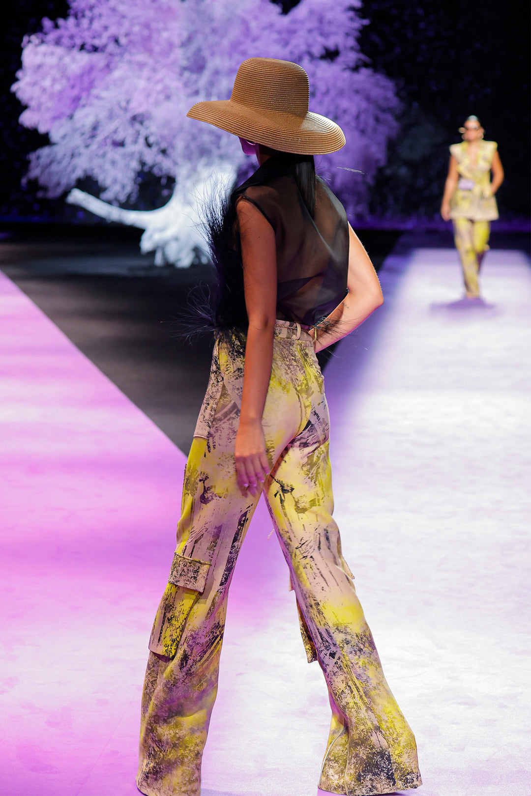 Sleeveless Jacket with Feathered Trim and Printed Flowing Trousers