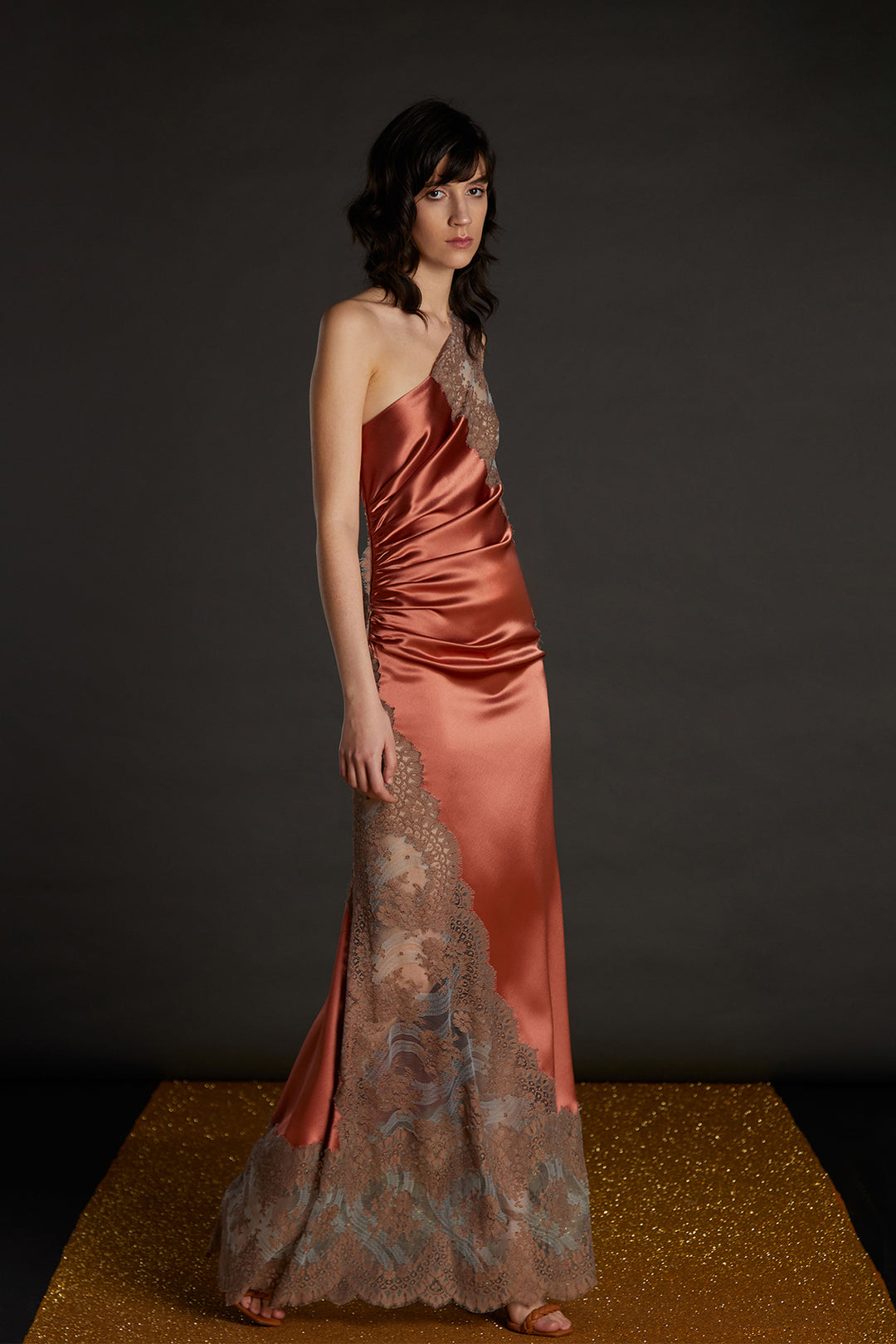 one shoulder brown satin dress One Shoulder Drape Satin Bridesmaid Dress