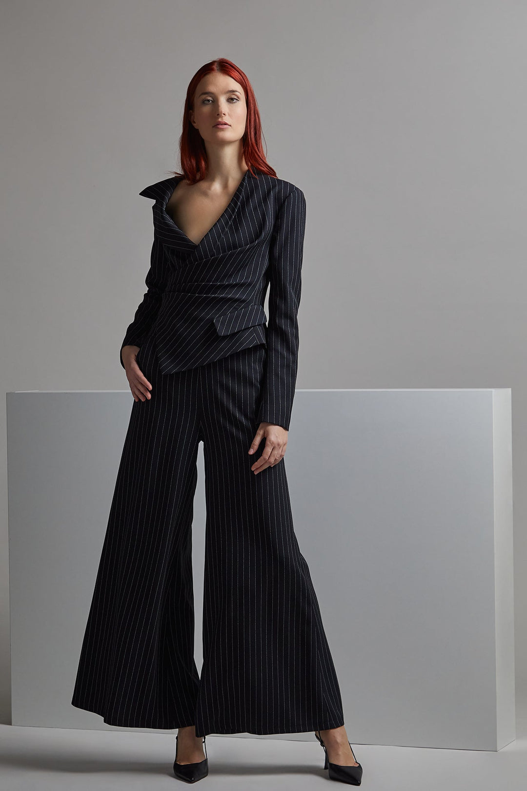 Striped Long-Sleeved Asymmetric Jumpsuit