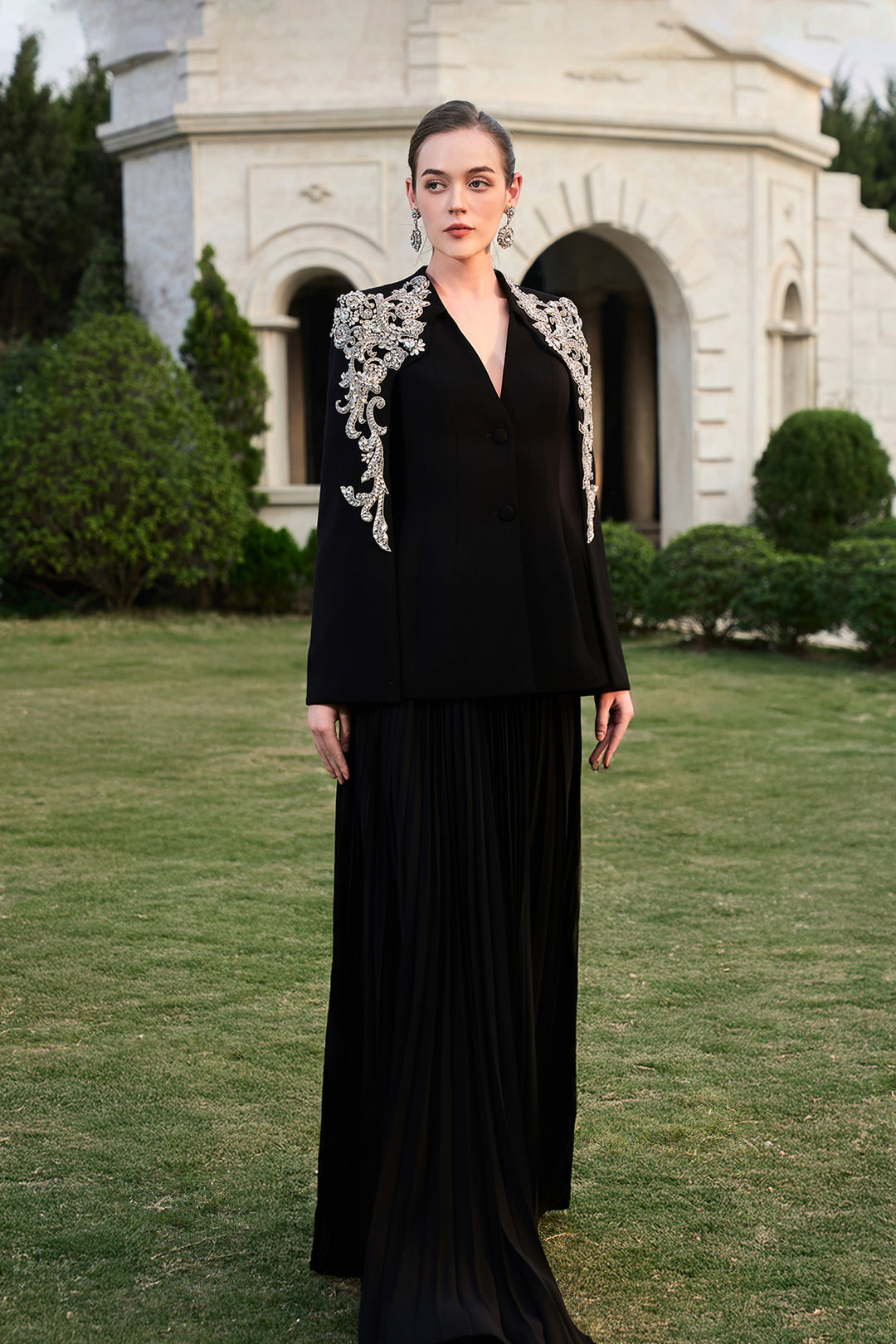 Collarless 3D Crystal-Embellished Blazer