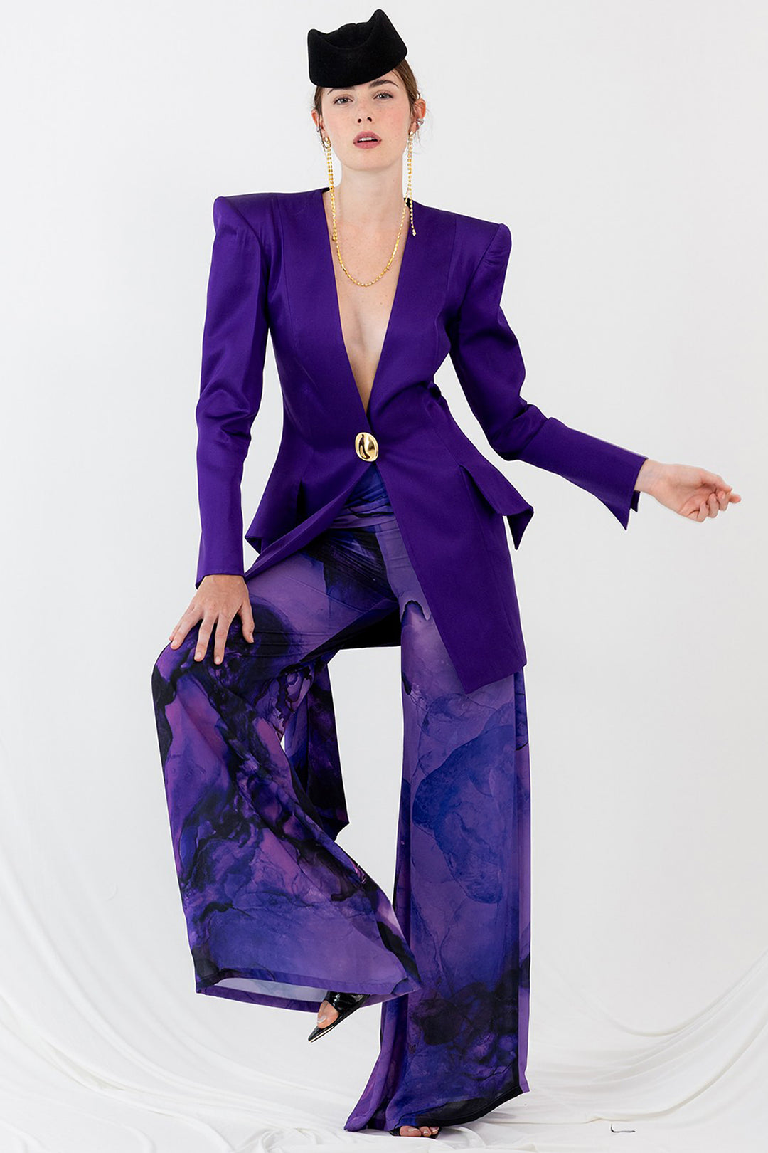 Satin Blazer with Long Printed Trousers