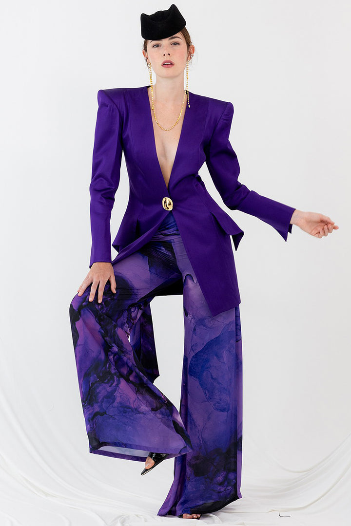 Satin Blazer with Long Printed Trousers