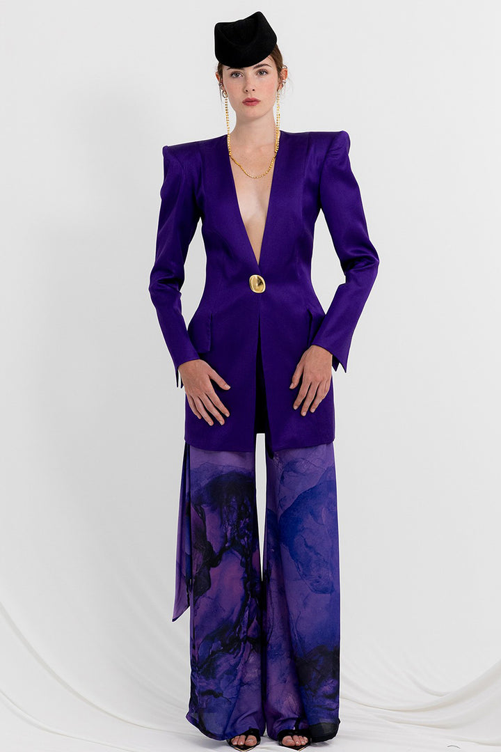 Satin Blazer with Long Printed Trousers