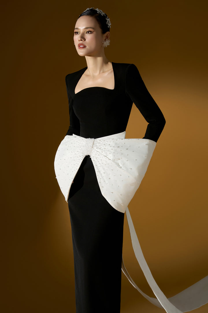 Column Dress with Oversized Bow Peplum