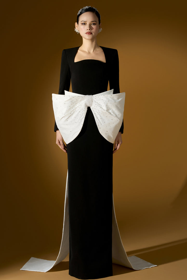 Column Dress with Oversized Bow Peplum
