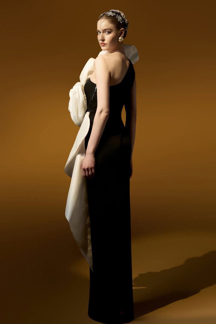 One-Shoulder Column Dress with 3D Rose Appliqués