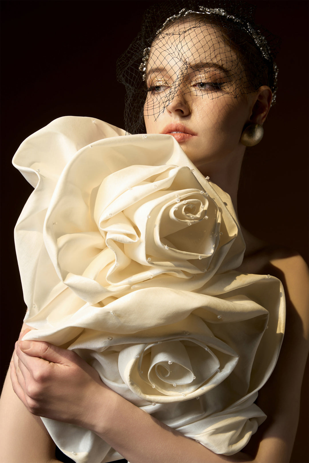 One-Shoulder Column Dress with 3D Rose Appliqués