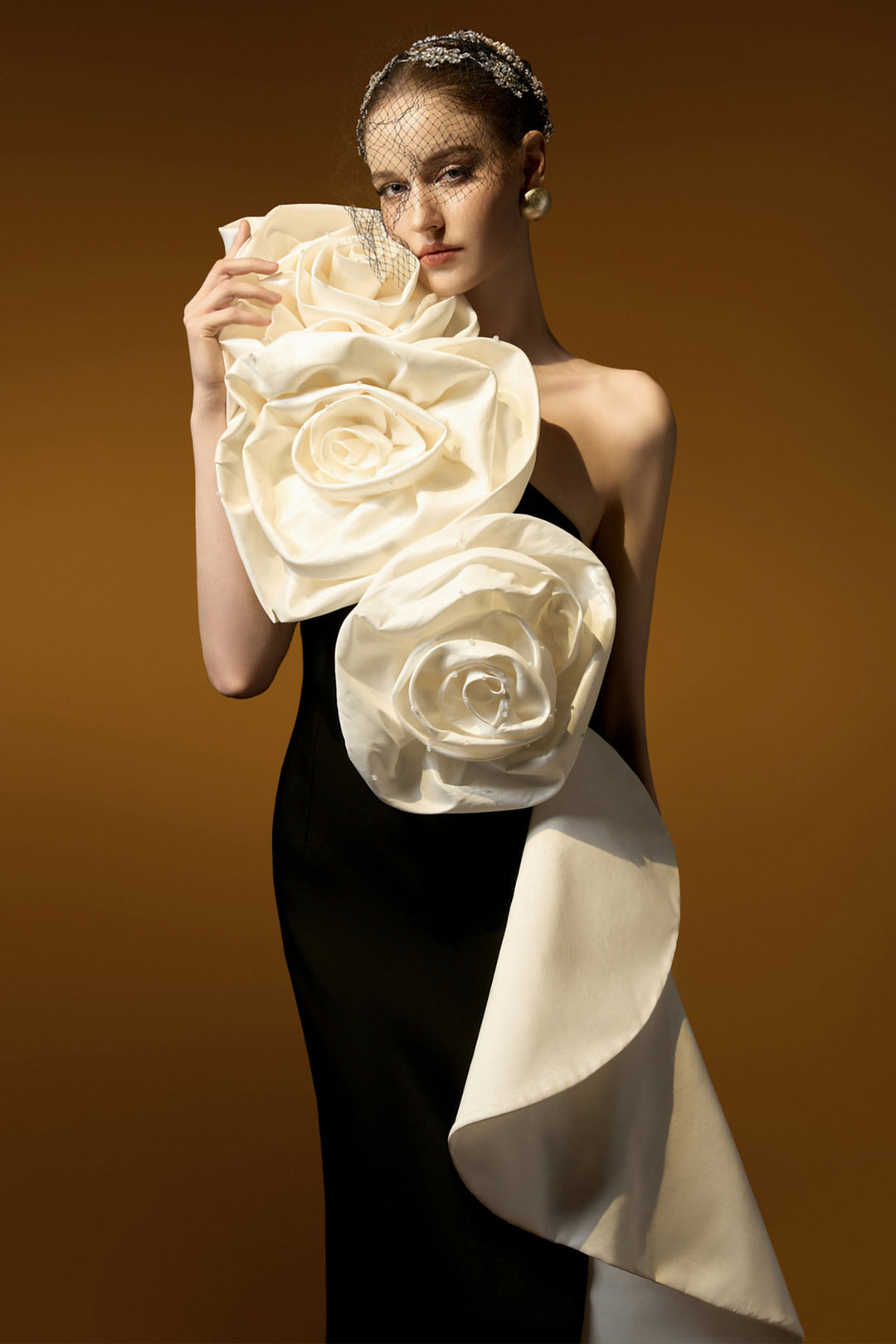 One-Shoulder Column Dress with 3D Rose Appliqués