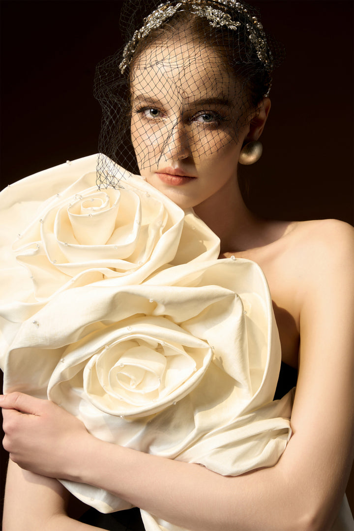 One-Shoulder Column Dress with 3D Rose Appliqués