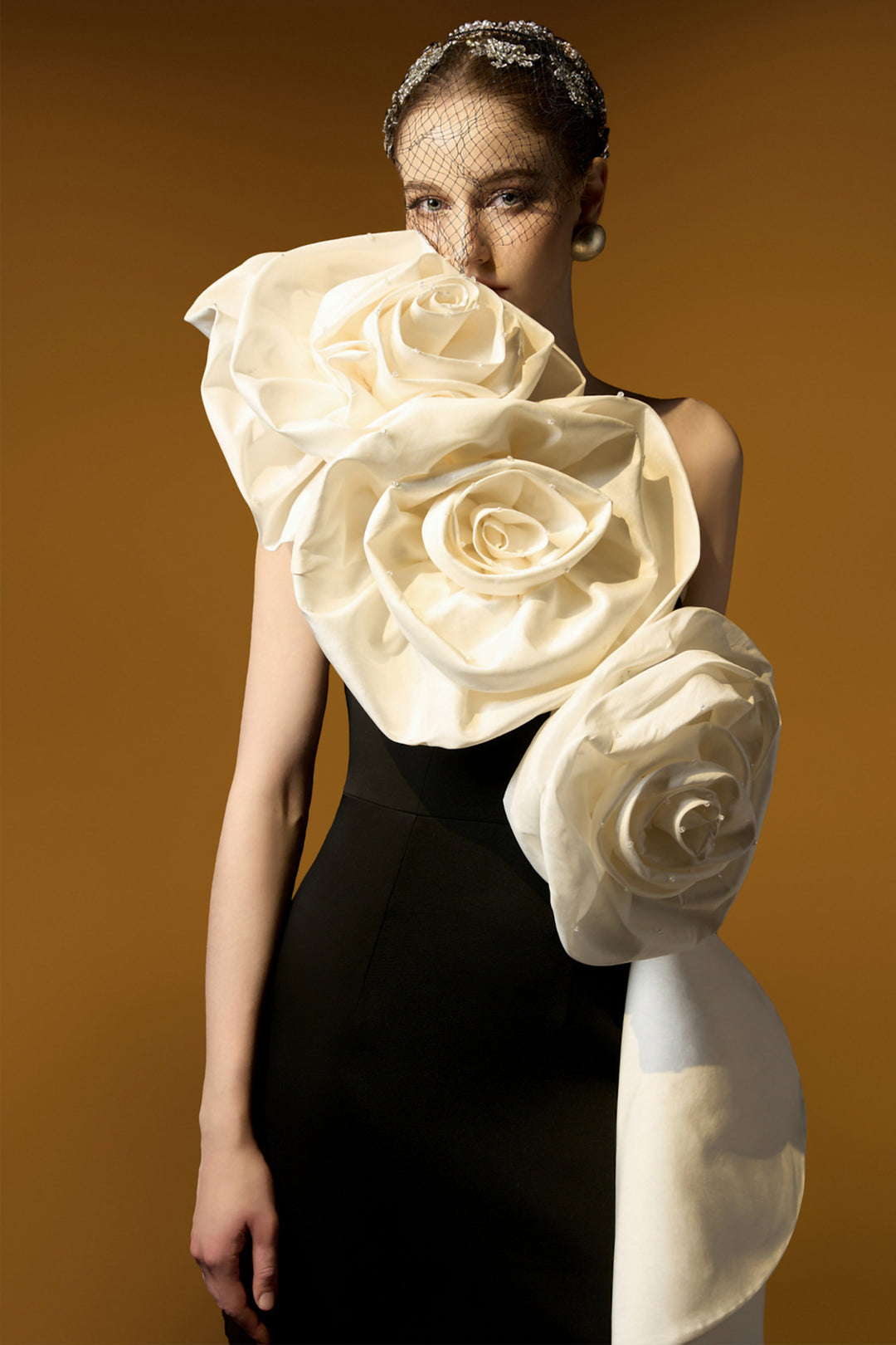 One-Shoulder Column Dress with 3D Rose Appliqués