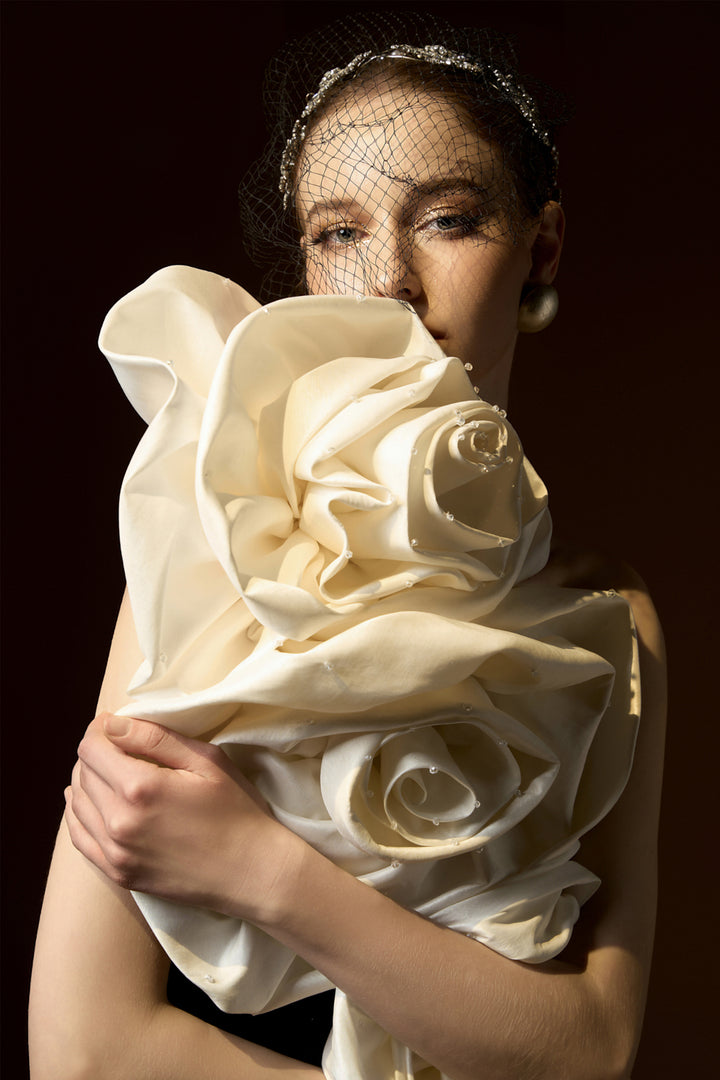 One-Shoulder Column Dress with 3D Rose Appliqués