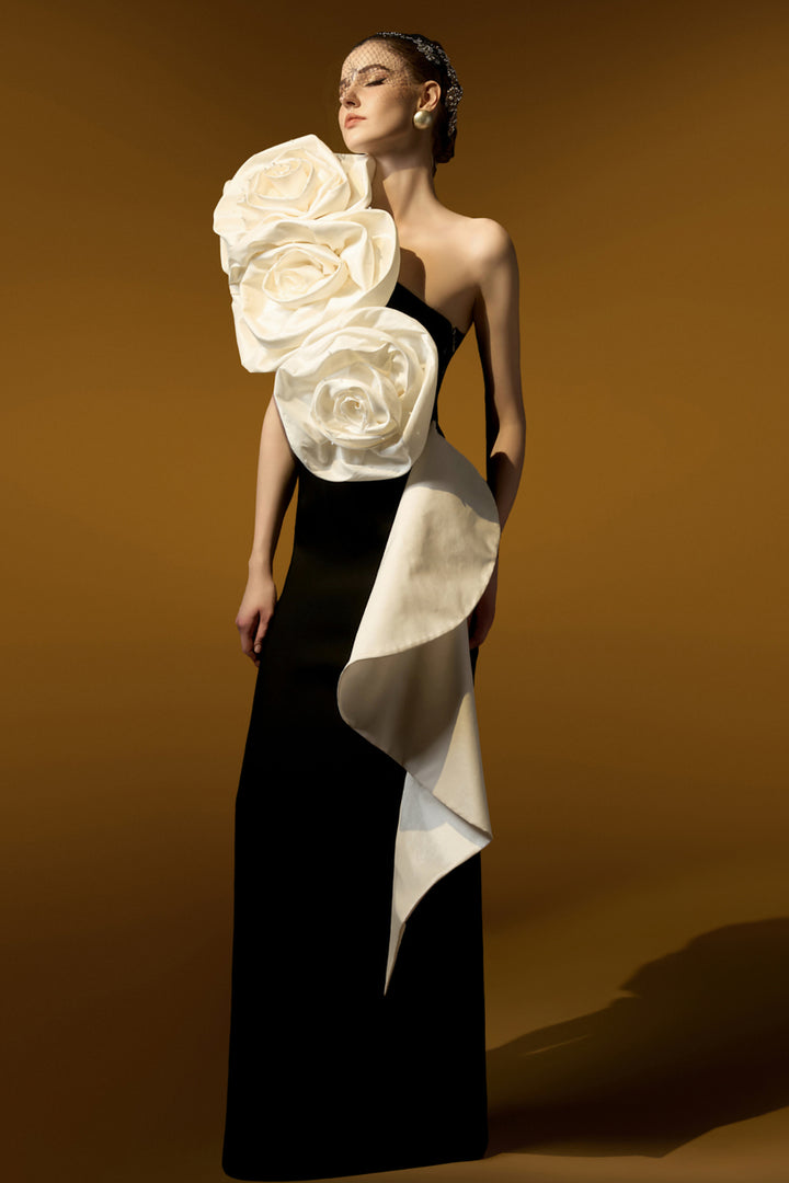 One-Shoulder Column Dress with 3D Rose Appliqués