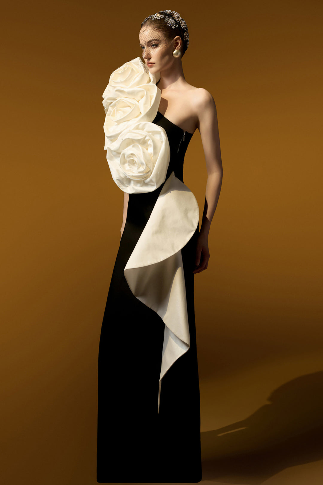 One-Shoulder Column Dress with 3D Rose Appliqués