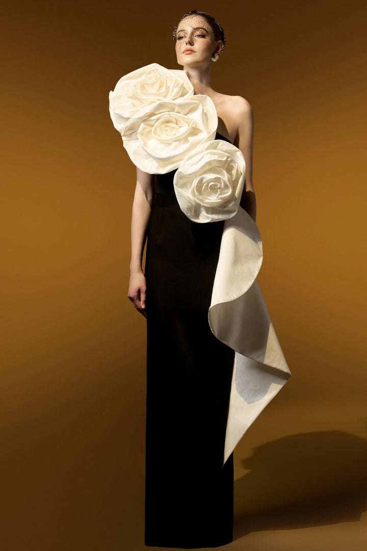 One-Shoulder Column Dress with 3D Rose Appliqués