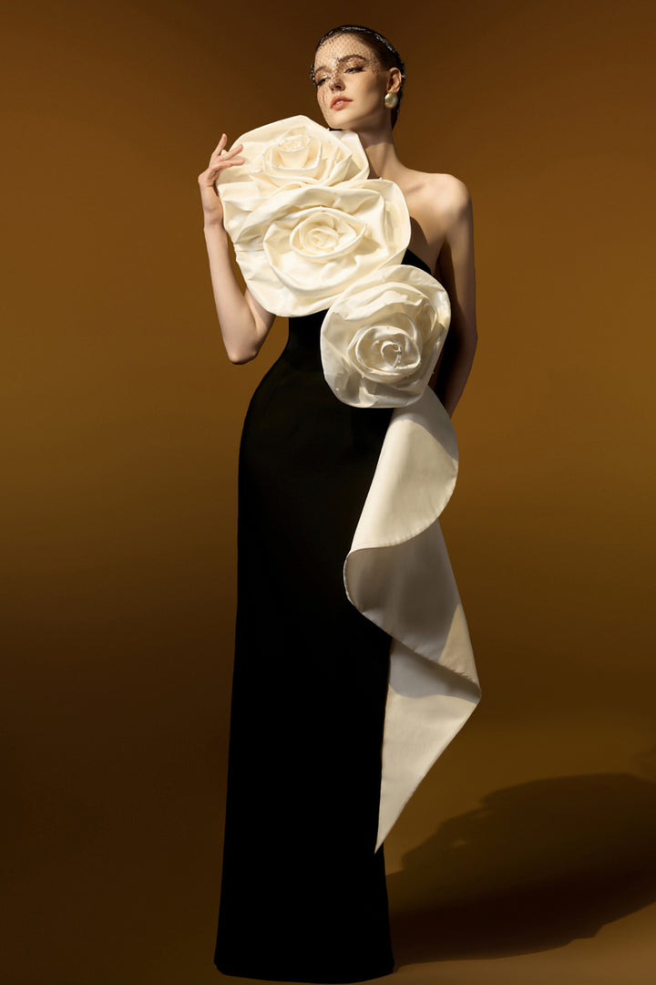 One-Shoulder Column Dress with 3D Rose Appliqués