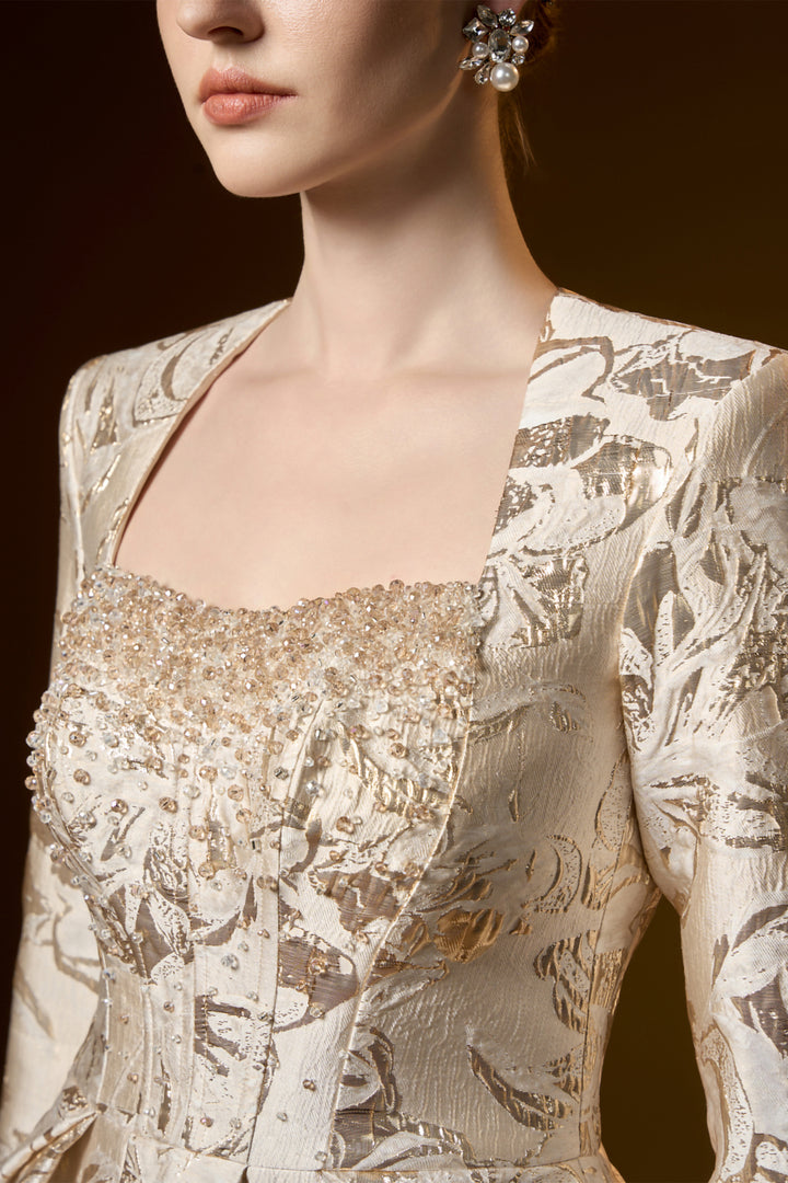 Trapeze Neck A-line with Long Sleeves Jacquard