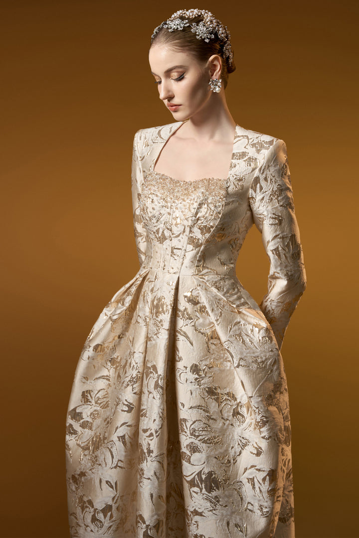 Trapeze Neck A-line with Long Sleeves Jacquard