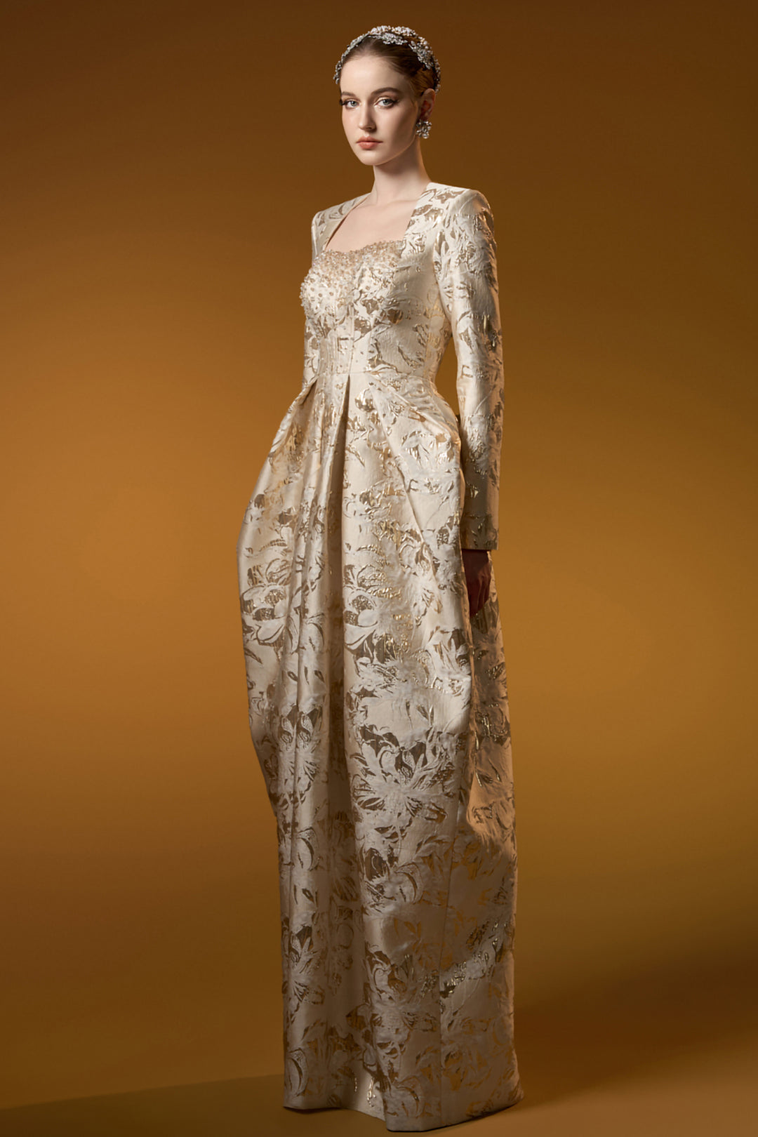 Trapeze Neck A-line with Long Sleeves Jacquard