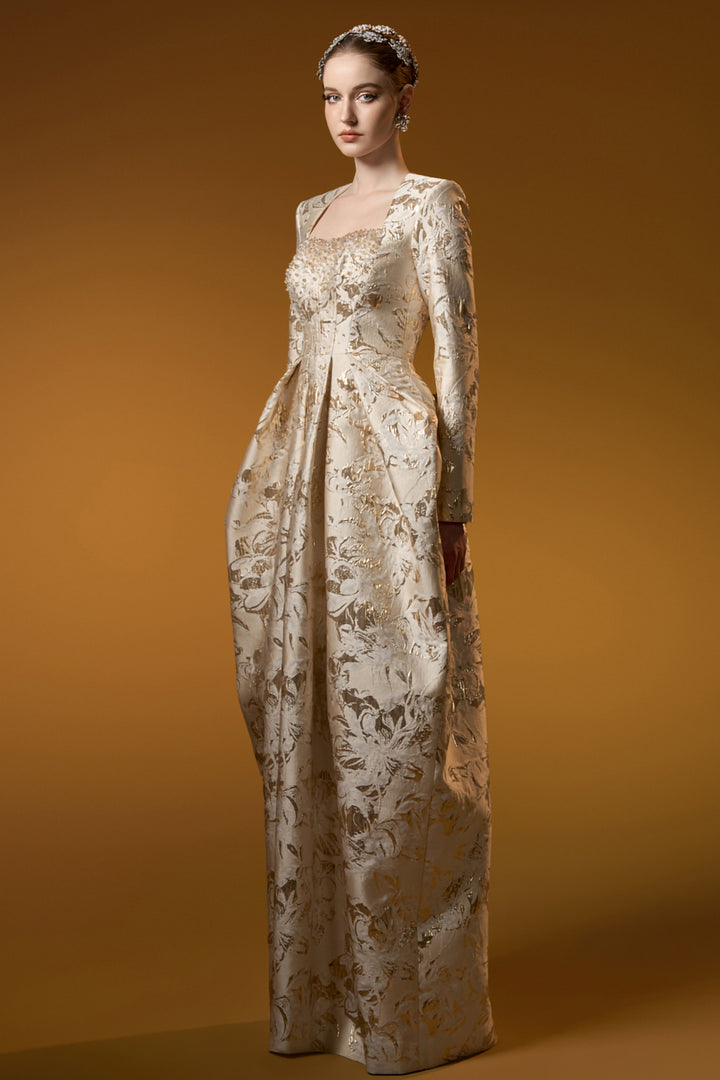 Trapeze Neck A-line with Long Sleeves Jacquard