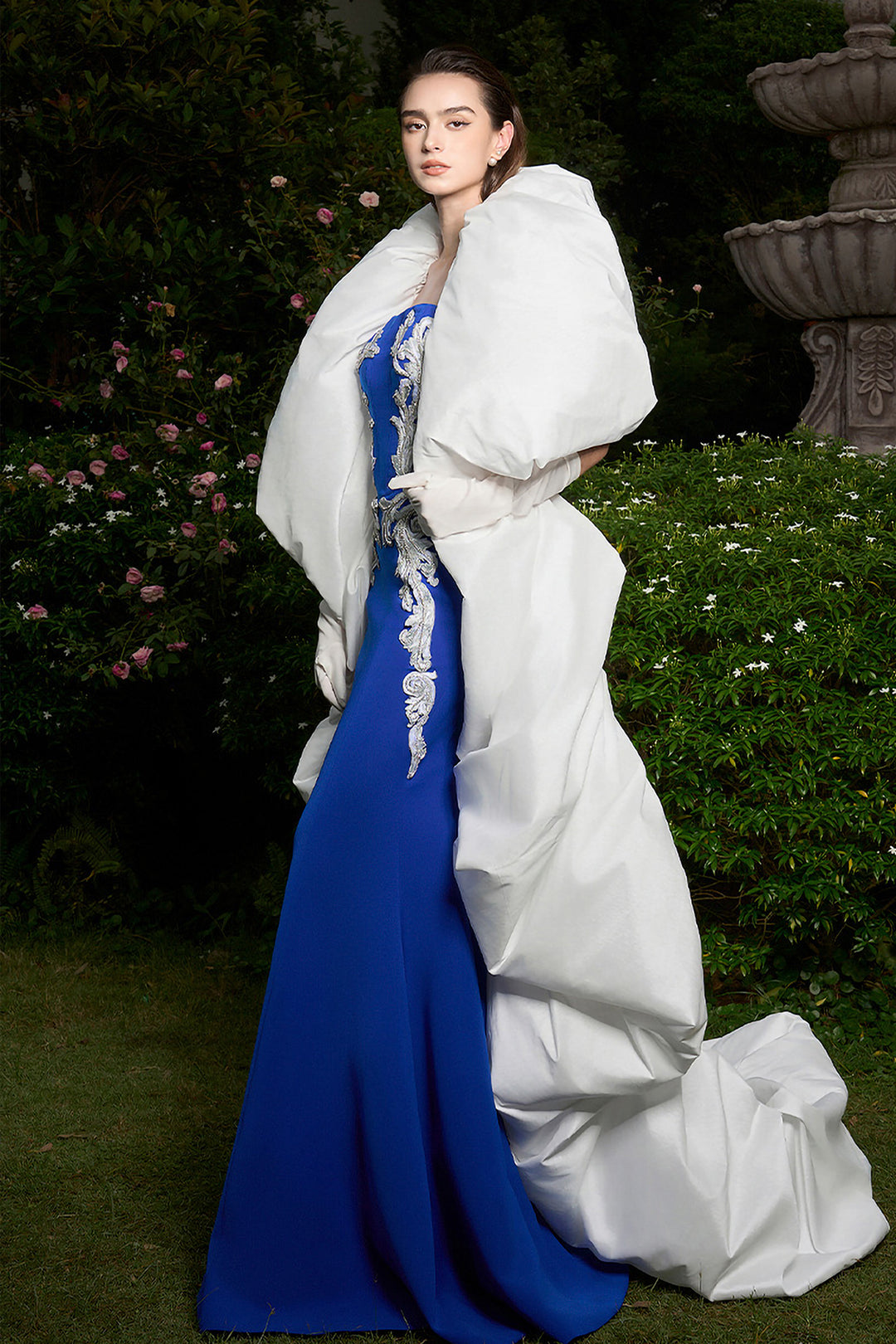 Mermaid Dress with Architectural Embroidery and Cape