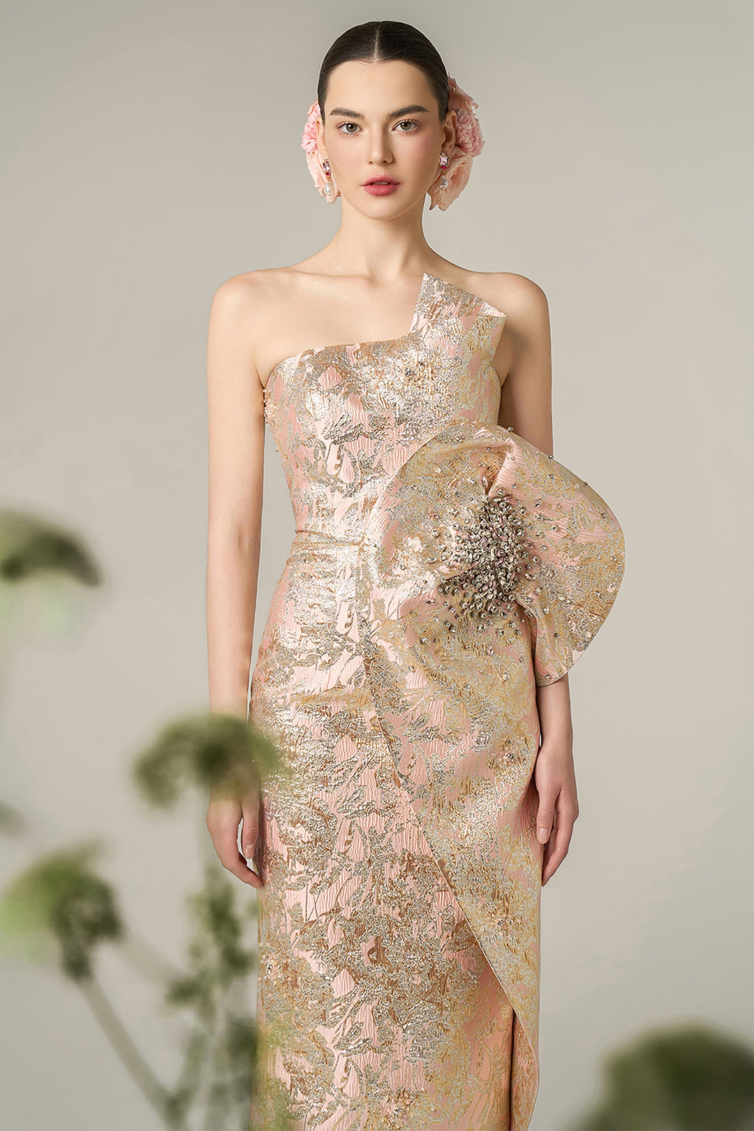Dipped Dress with Waist Draped  Detail Jacquard