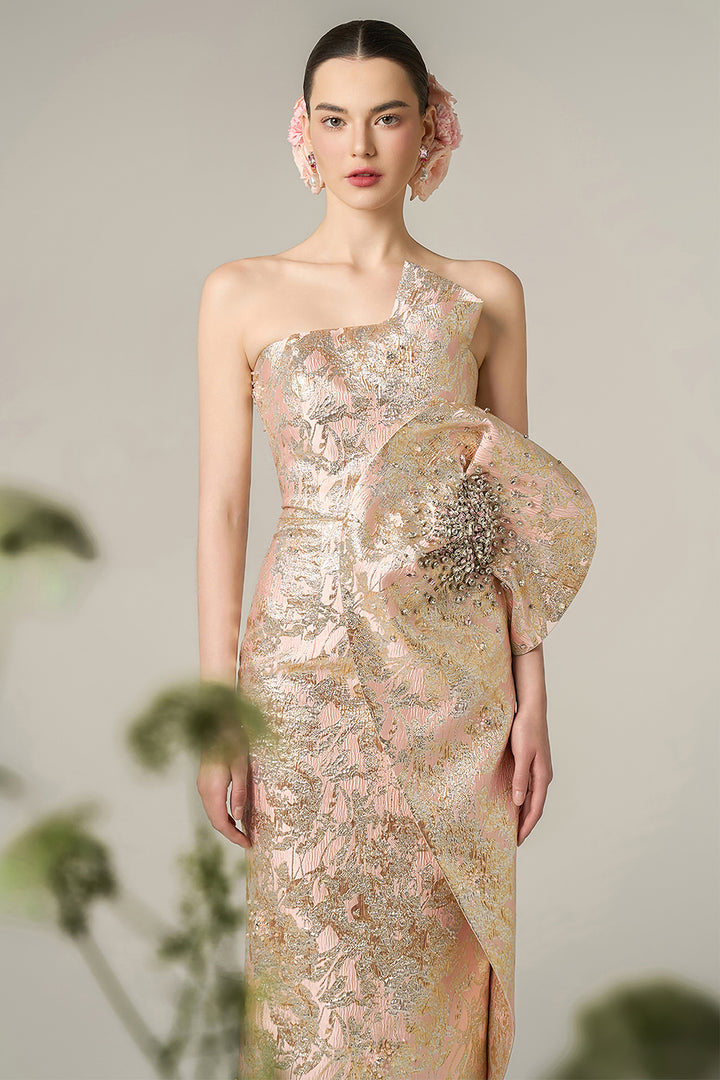 Dipped Dress with Waist Draped  Detail Jacquard