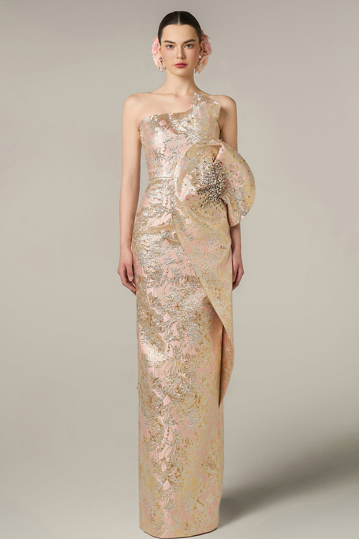 Dipped Dress with Waist Draped  Detail Jacquard
