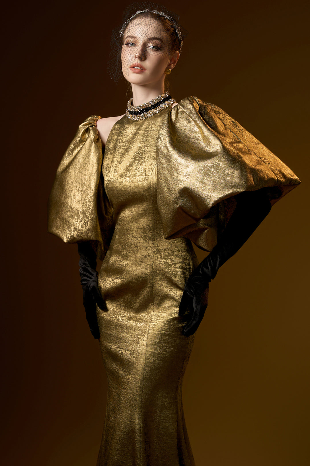 Turtleneck Collar Mermaid Dress with Puff Sleeves