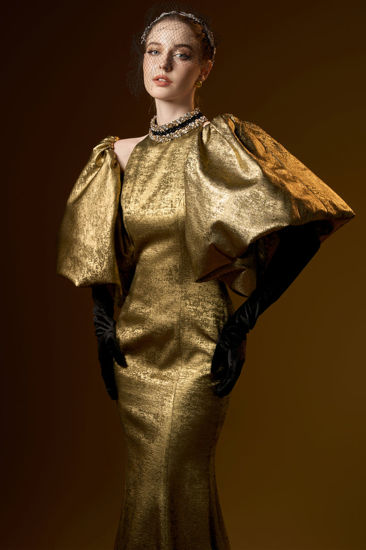 Turtleneck Collar Mermaid Dress with Puff Sleeves