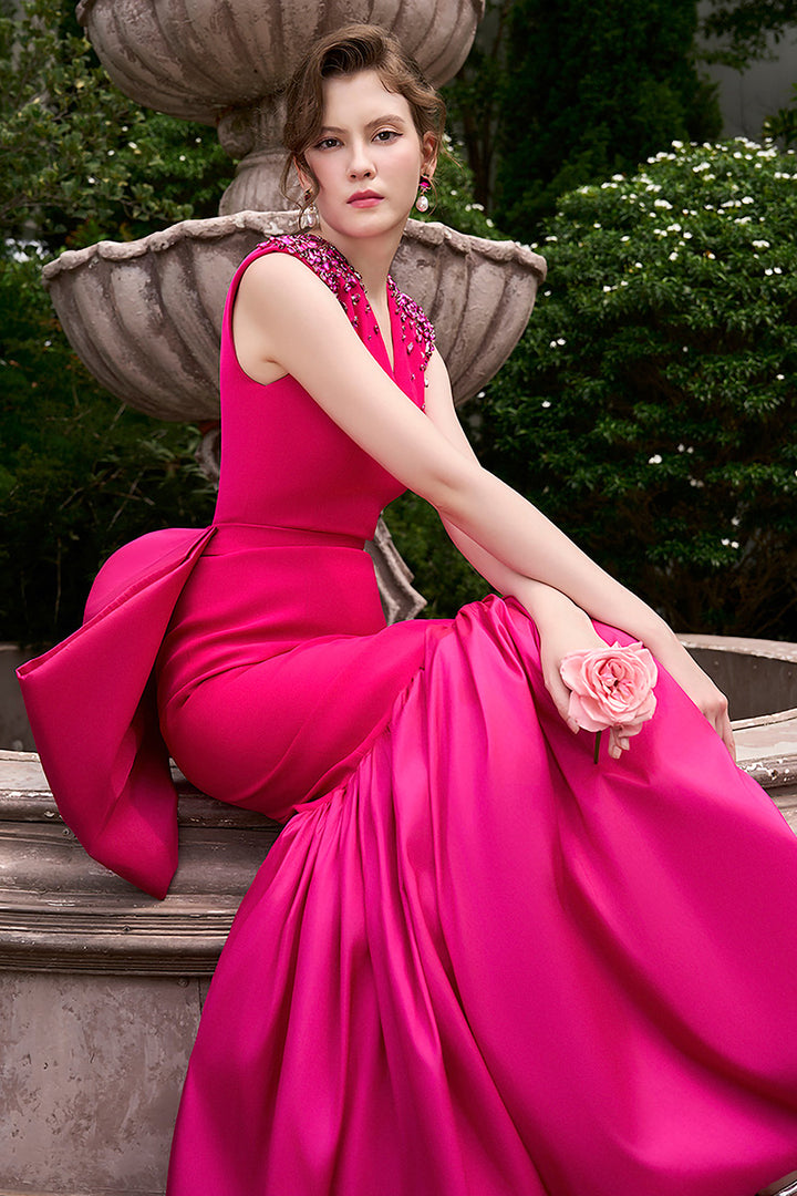 Mermaid Dress with Sculptural Shoulders and Embroidery