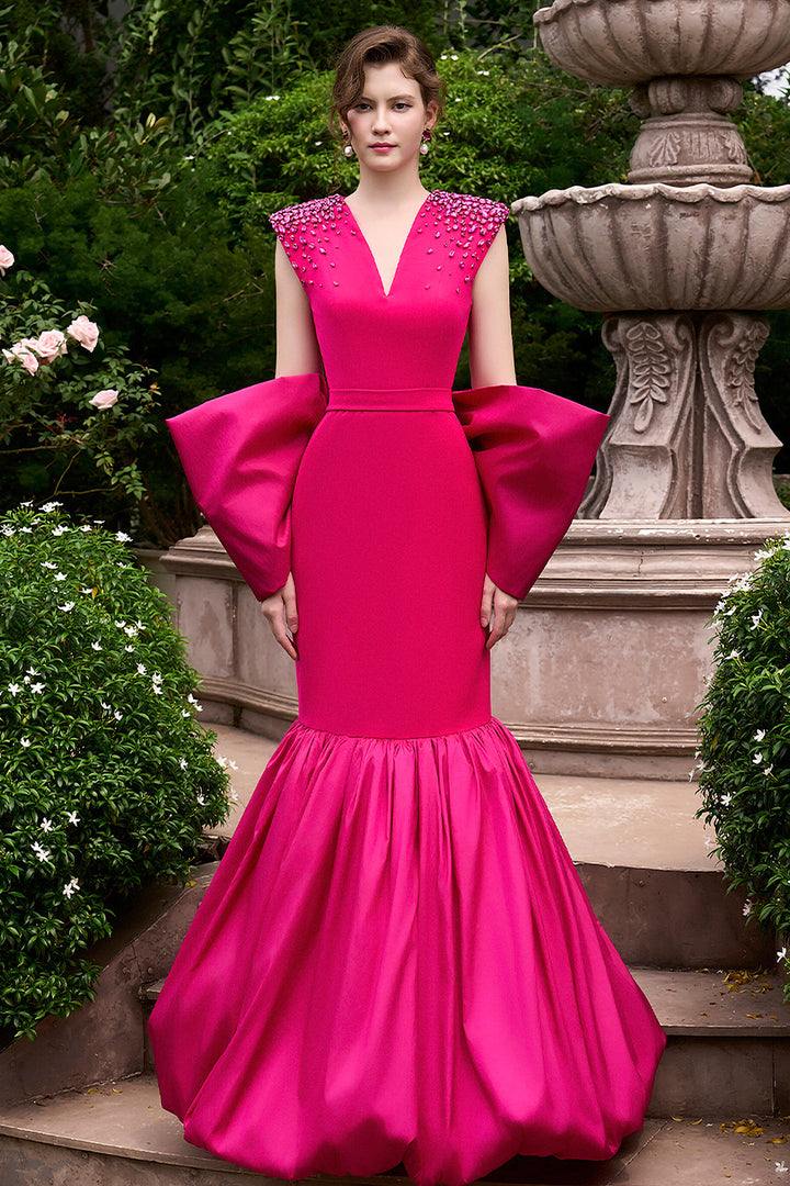 Mermaid Dress with Sculptural Shoulders and Embroidery