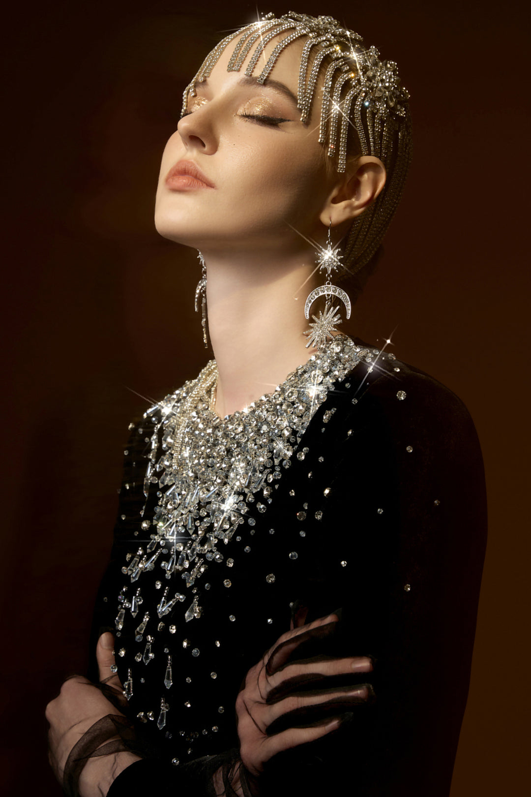 Mermaid Dress with Round Neck and Embellished Crystals
