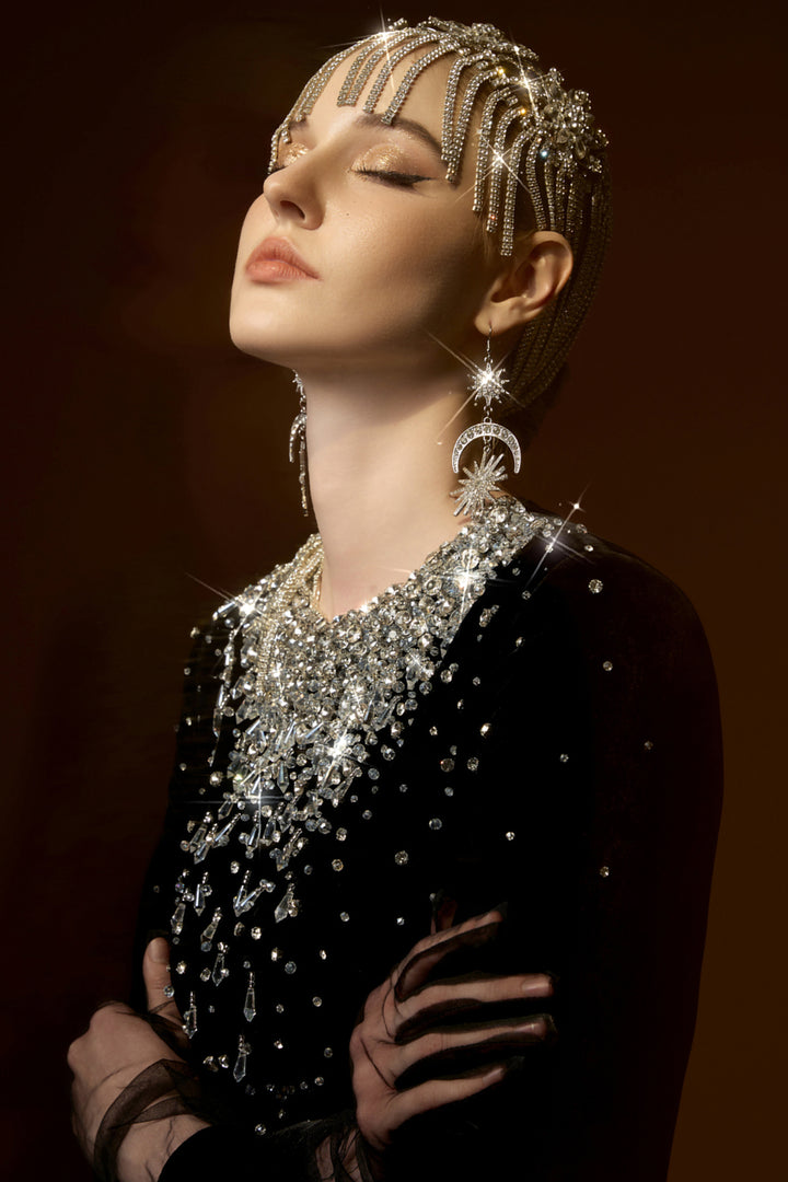 Mermaid Dress with Round Neck and Embellished Crystals