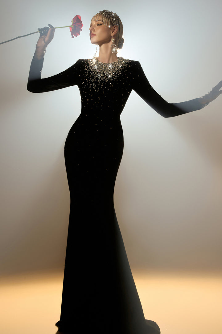 Mermaid Dress with Round Neck and Embellished Crystals