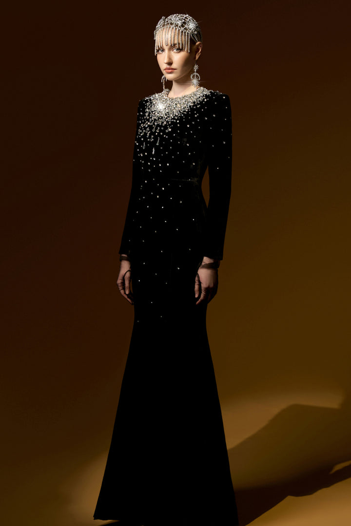 Mermaid Dress with Round Neck and Embellished Crystals