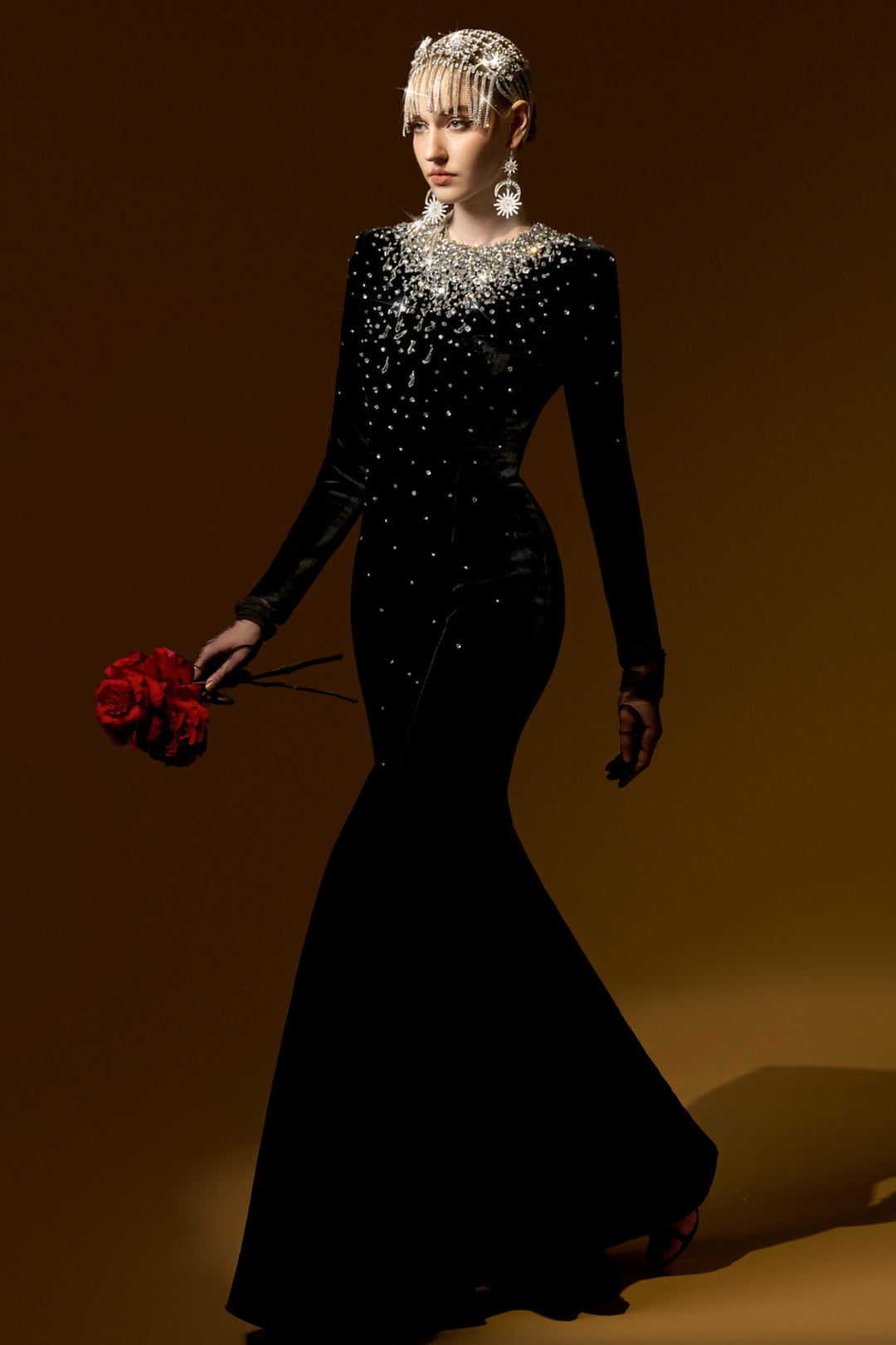 Mermaid Dress with Round Neck and Embellished Crystals