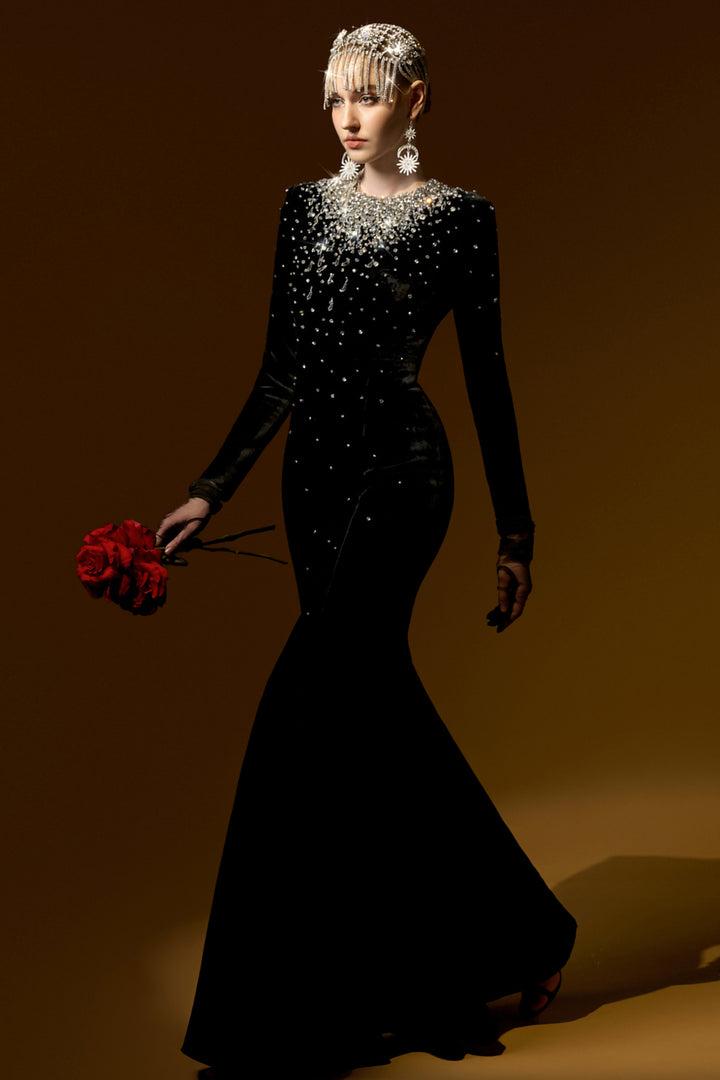 Mermaid Dress with Round Neck and Embellished Crystals