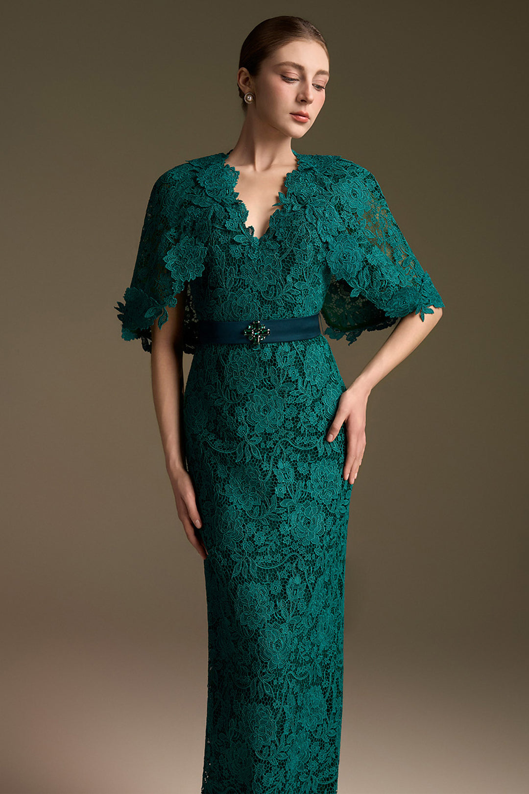 V-Neck Column Dress with Mini Cape Sleeves