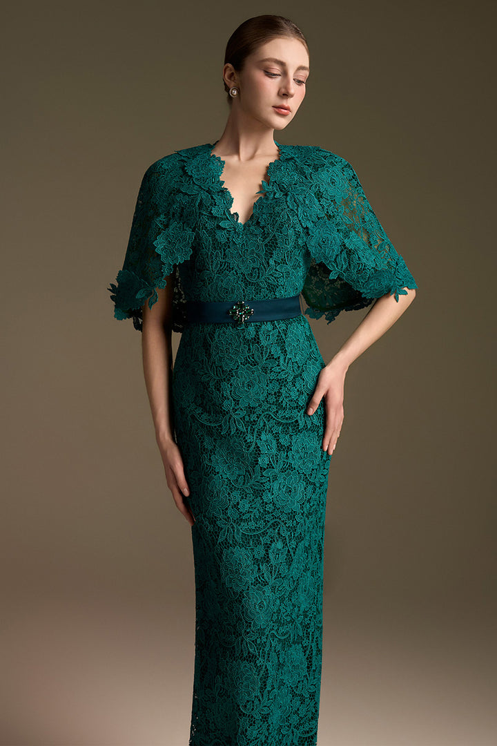 V-Neck Column Dress with Mini Cape Sleeves