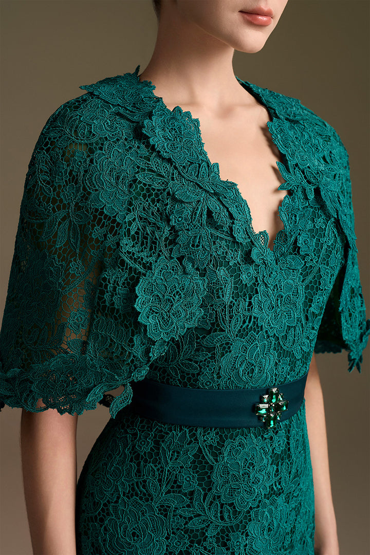 V-Neck Column Dress with Mini Cape Sleeves