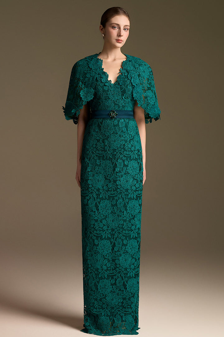 V-Neck Column Dress with Mini Cape Sleeves