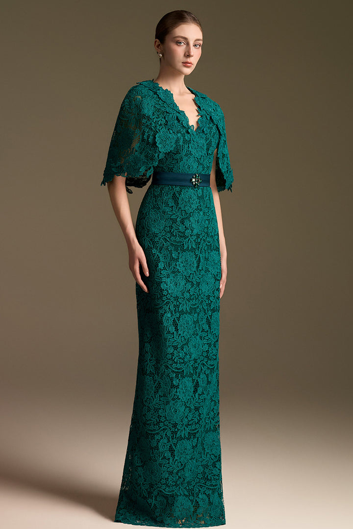 V-Neck Column Dress with Mini Cape Sleeves
